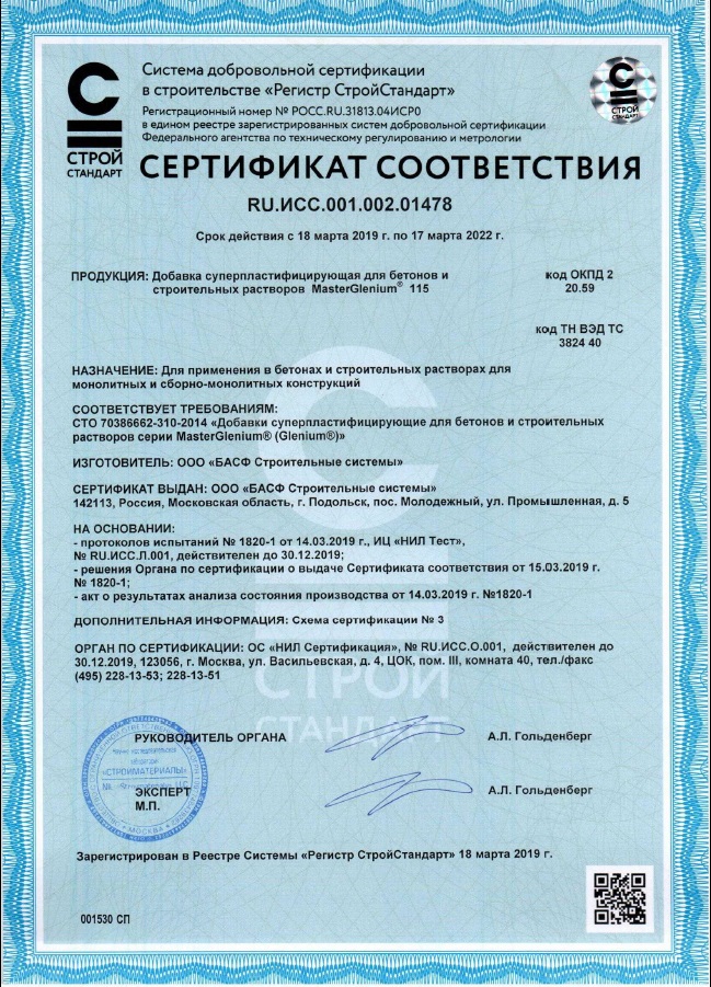 MasterGlenium 115 сертификат соответствия до 17.03.2022г.